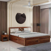 Moon Solid Sheesham Wood Box Storage Bed With Cushioned Headboard (King Size, Natural Finish)